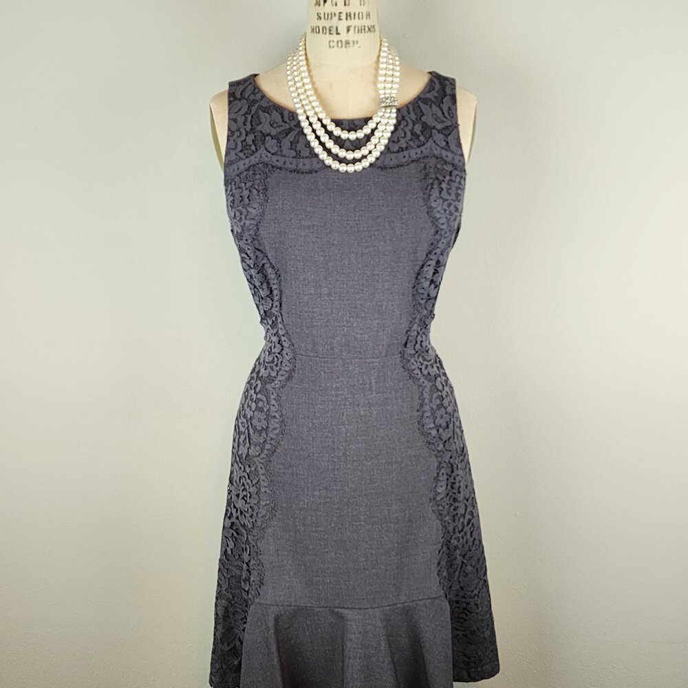 Elle Parisian Polished in Heather Grey Sheath Dress w/Lace & Ruffled Hem NEW * 8